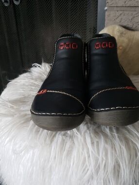 Rieker Black Leather Ankle Booties with Red Stitching